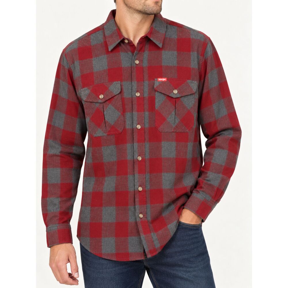 Wrangler Mens Large Flannel Shirt Red Gray Buffalo Plaid Workwear Western Button